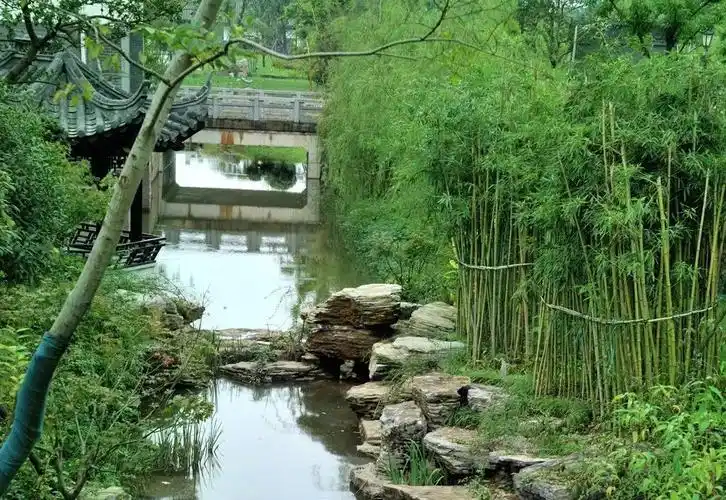 小桥流水,翠绿掩映桃花源古镇的庭院设计在塑造古典园林景观的同时