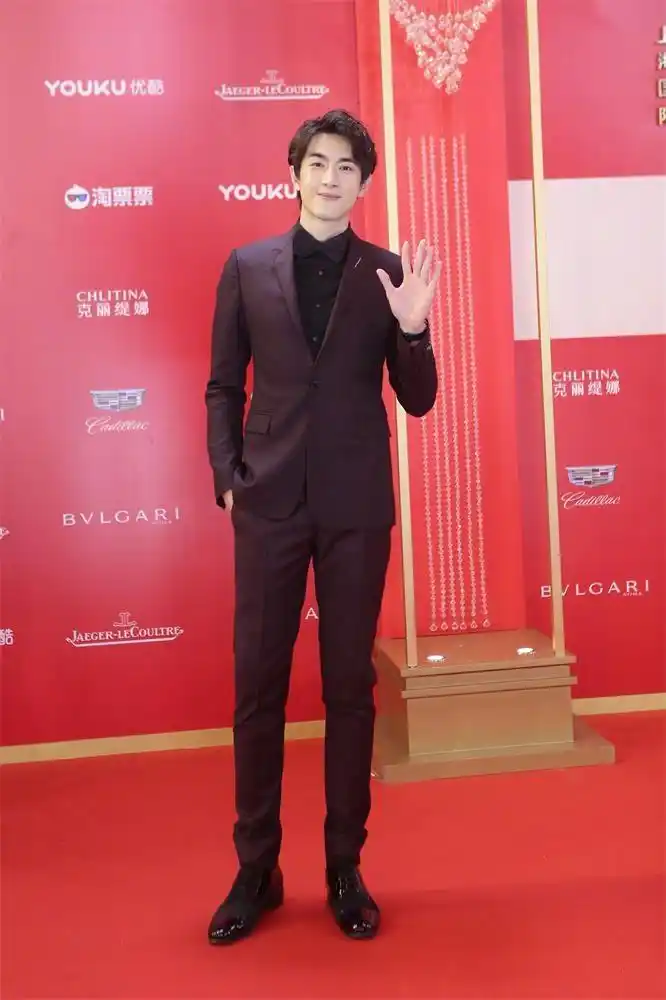 演员林更新 一身酒红色西服内搭黑色衬衫,配上优雅的黑色小领结,绅士