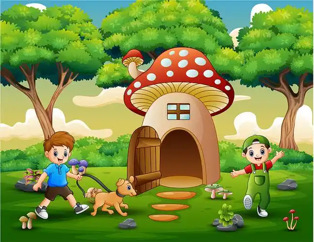 卡通两个男孩在幻想的房子里玩图片