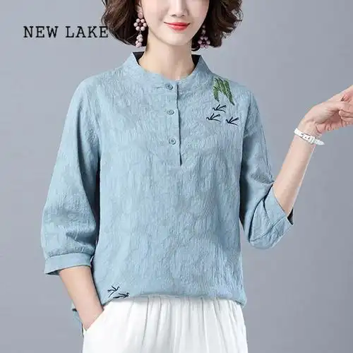 new lake棉麻上衣女士装七分袖t恤中袖中年妈妈短袖小衫夏季2023新款