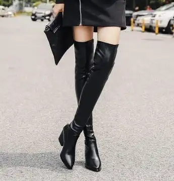 过膝长靴弹力靴加绒尖头高跟鞋粗跟长筒靴显瘦高筒靴女靴冬天鞋子