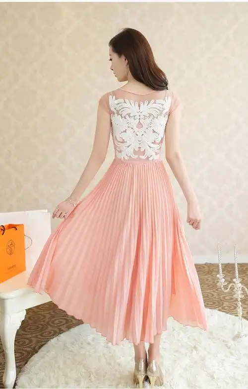 2014夏装新款复古气质女士长裙飘逸百褶沙滩裙高档刺绣雪纺连衣裙图片