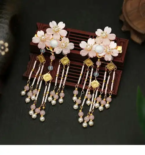 古风汉服头饰花朵边夹流苏步摇超仙唯美发夹对夹古装少女发饰配饰