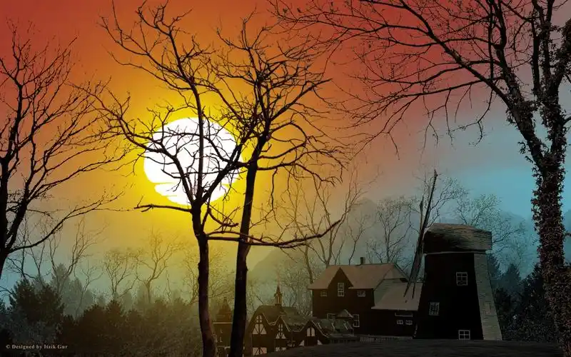 落日的村庄壁纸1600x900分辨率查看