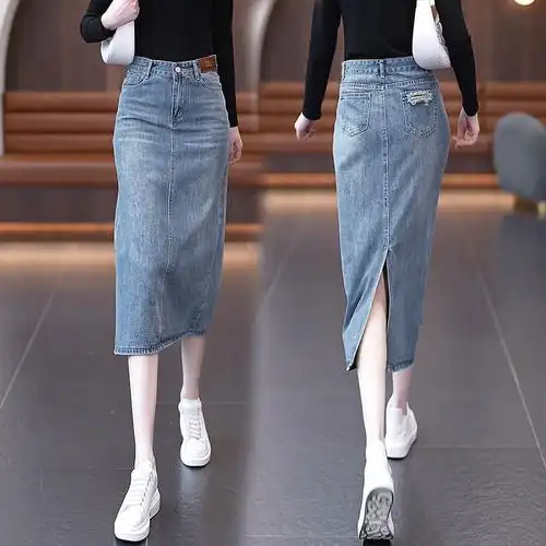 复古牛仔裙女春秋2024新款高腰显瘦中长款半身包臀裙后开叉一步裙