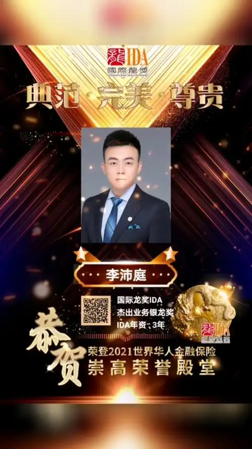 恭贺侄儿"李沛庭"荣登国际龙奖ida荣誉殿堂,成为全球华人保险从业人员