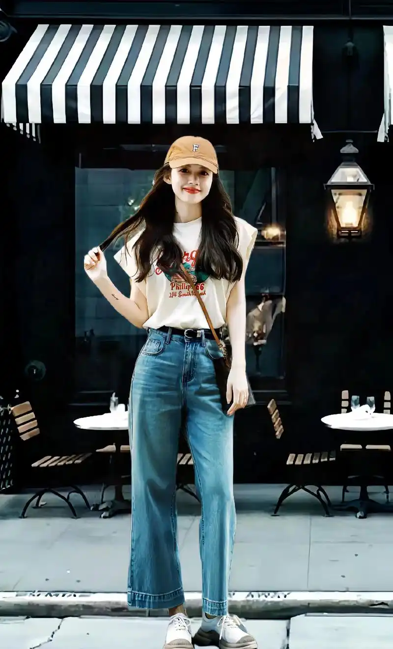夏季就是要休闲舒适~这款印花t恤搭配牛仔直筒裤简约又气质~休闲时尚
