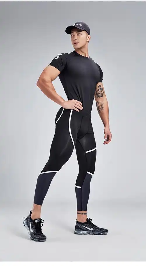 omg潮牌 春夏新款拼色提臀性感男紧身裤弹力健身速干训练健身裤男