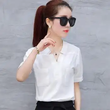 白衬衫女短袖夏季2022新款韩版潮百搭雪纺衫领职业衬衣甜美上衣白色s