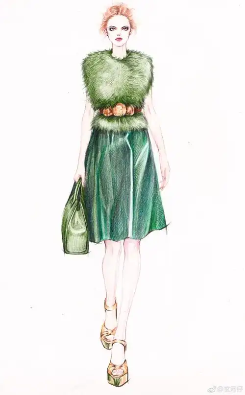 彩铅服装效果图/时装画/毛毛/步骤图@服装画集中营 @服装设计手稿