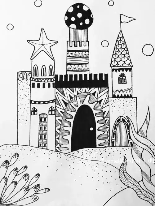简单初级儿童线描画海底城堡