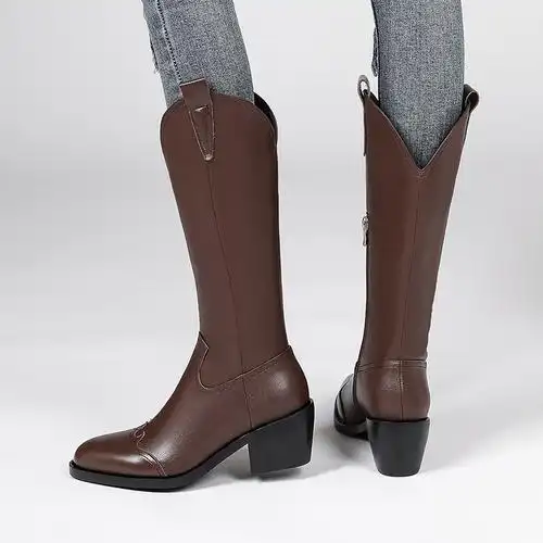 女式中筒西部牛仔百搭骑士靴