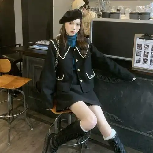 秋冬2021新款套装毛呢外套半身裙网红两件套女春季小个子穿搭时尚