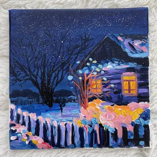 丙烯风景装饰画雪中小屋附教程