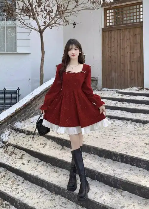 女装春季微胖mm收腰显瘦圣诞裙方领丝绒藏肉减龄气质连衣裙子 - 17网