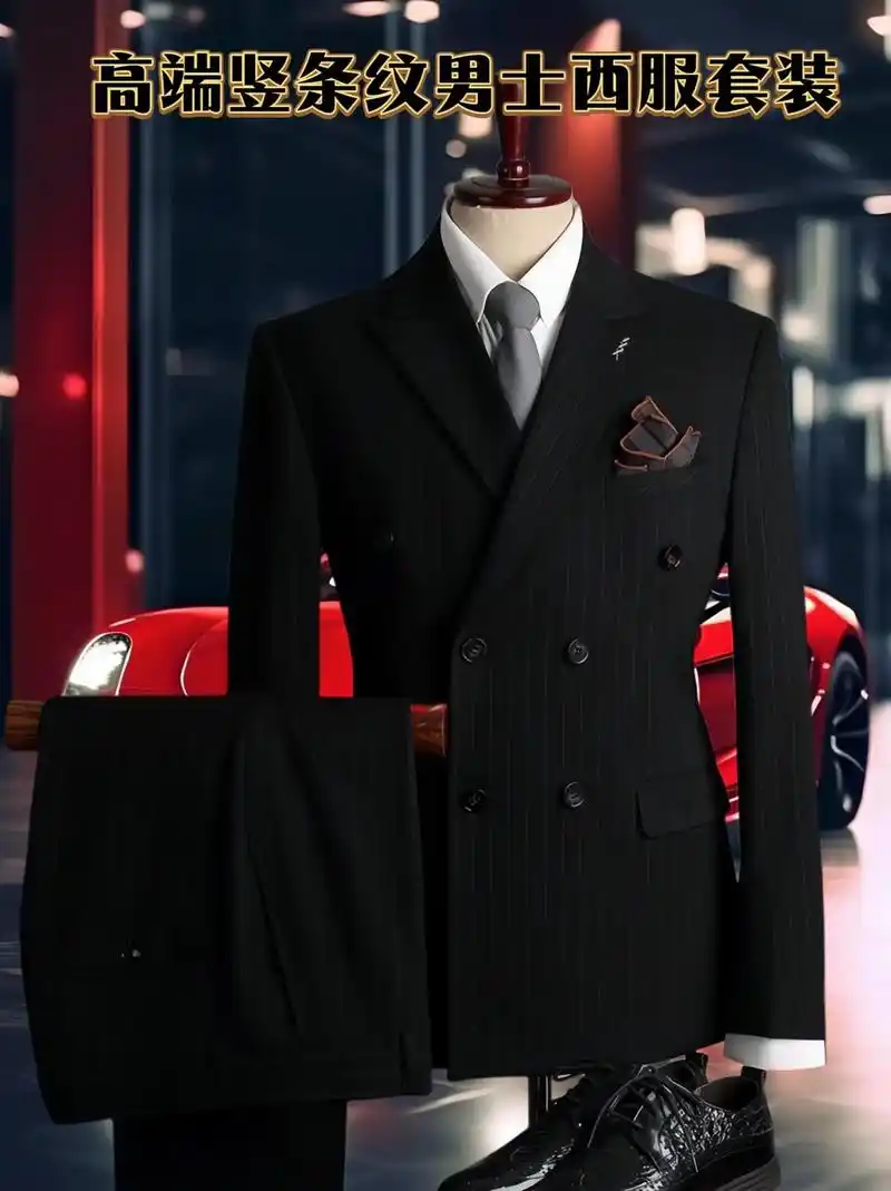 尊贵的绅士,为您呈现一款男士高端条纹黑色深蓝色双排扣西服套装