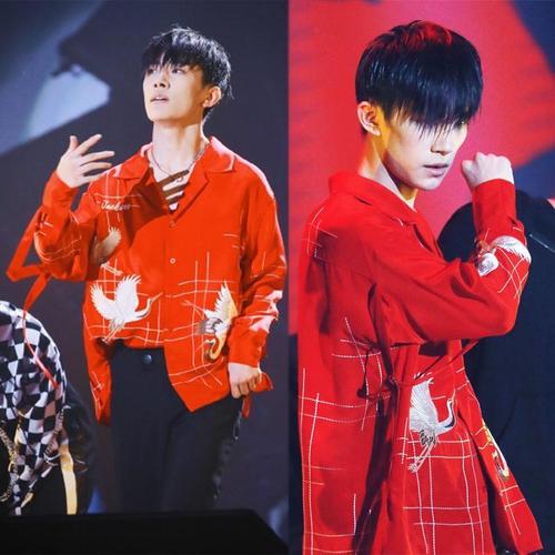 易烊千玺同款衬衣女18岁生日会红色仙鹤宽松长袖v领衬衫飘带衣服