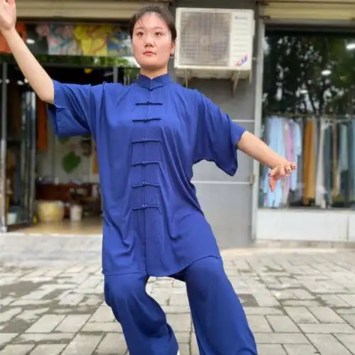 太极服棉春夏季练功棉绸透气长袖表演服中老年男女太极拳服装黑色短袖