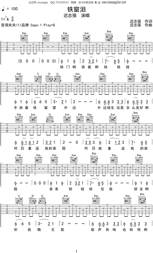 迟志强《铁窗泪》吉他谱g调吉他弹唱谱