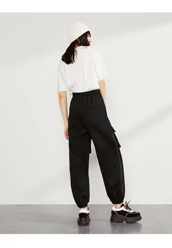 太平鸟工装裤女2019新款秋季高腰直筒宽松运动宽松休闲束脚长裤女