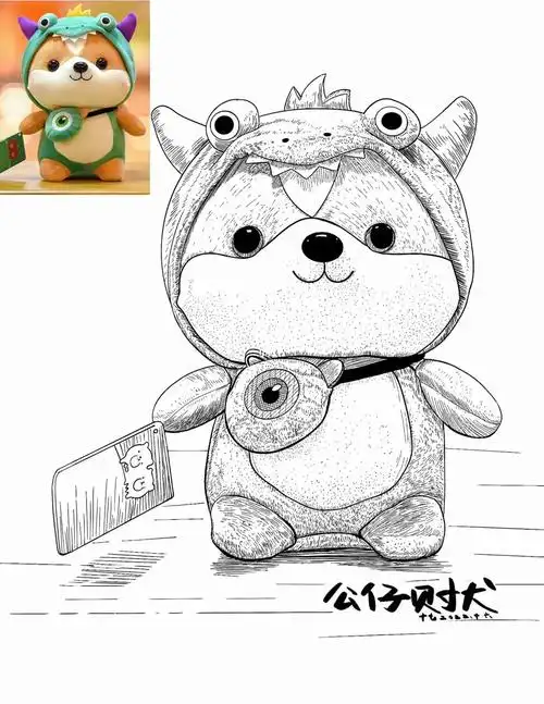 毛绒玩具:可爱的公仔财犬线描速写素材