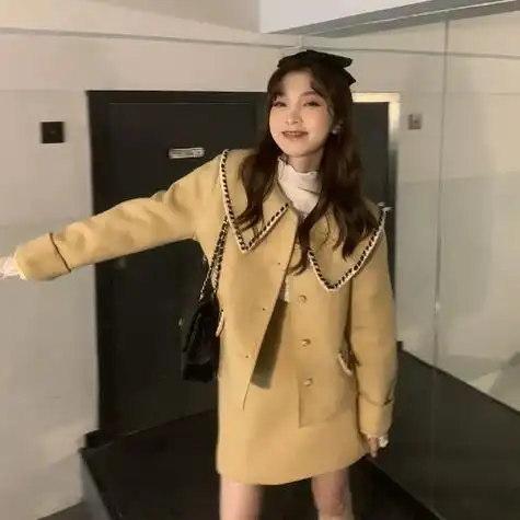 秋冬2021新款套装毛呢外套半身裙网红两件套女春季小个子穿搭时尚