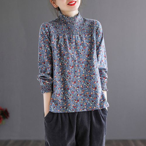 文艺女式长袖t恤衫纯棉碎花宽松半高领棉麻衬衫女套头打底衫上衣