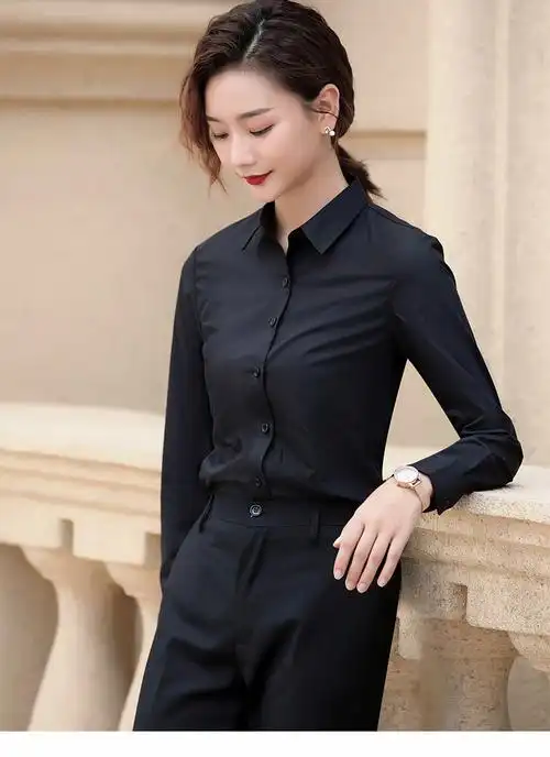 秋季新款职业正装工作服修身休闲韩版女士衬衣长袖纯白翻领衬衫4xl