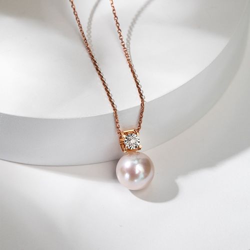 南珠宫 淡水珍珠吊坠白色圆强光女款珍珠吊坠镶嵌钻石18k金托925银链