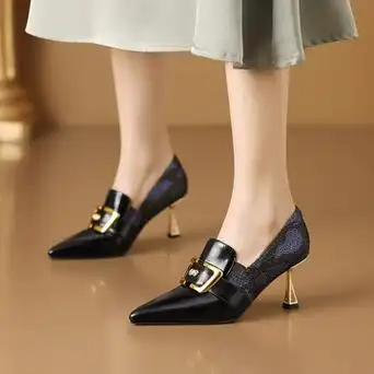 名媛正装宴会辣妈性感高跟鞋春秋季鞋子尖头细跟裸靴金属扣单鞋女