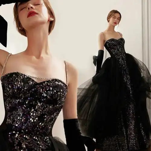 抹胸吊带礼服黑色聚会晚宴年会舞台演出走秀主持人婚纱礼服连衣裙