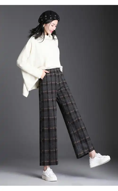 乐鑫毛呢阔腿裤女秋冬新款九分裤2018韩版显瘦休闲百搭加大码格子女裤