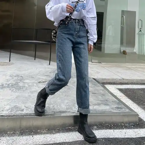 实拍~经典百搭萝卜裤复古港风牛仔裤女秋冬高腰宽松九分裤4色