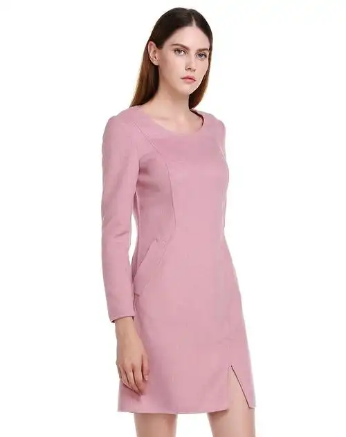 豆沙粉色斯文优雅长袖连衣裙