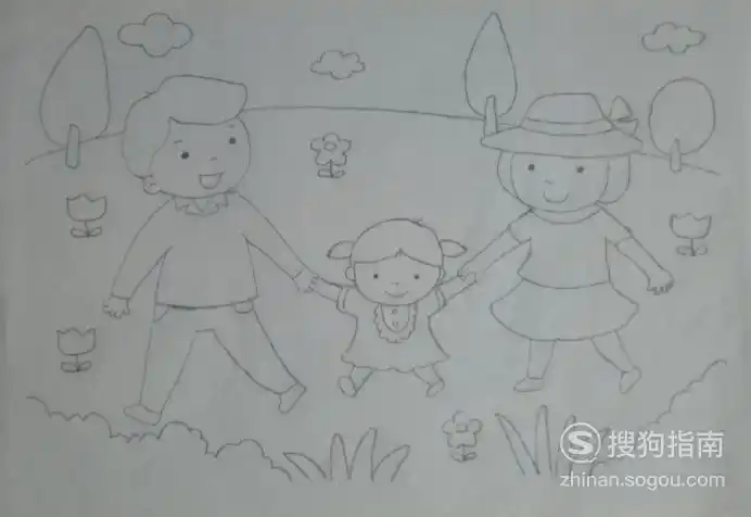 全家出去游玩的简笔画