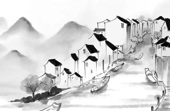 江南水墨画江南小镇好风光江南水乡水墨插画