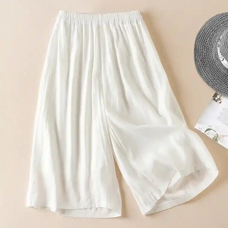 冰丝棉麻裤女休闲裤阔腿裤女高腰双层七分裤.