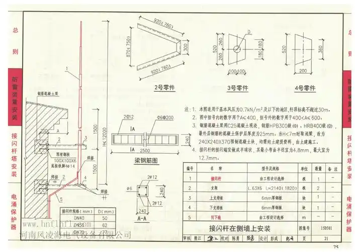 7米8米10米避雷针 图集15d501接闪杆制作图 侧墙上安装接闪杆
