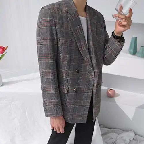 格子西装男外套港风复古休闲宽松双排扣韩版潮流西服