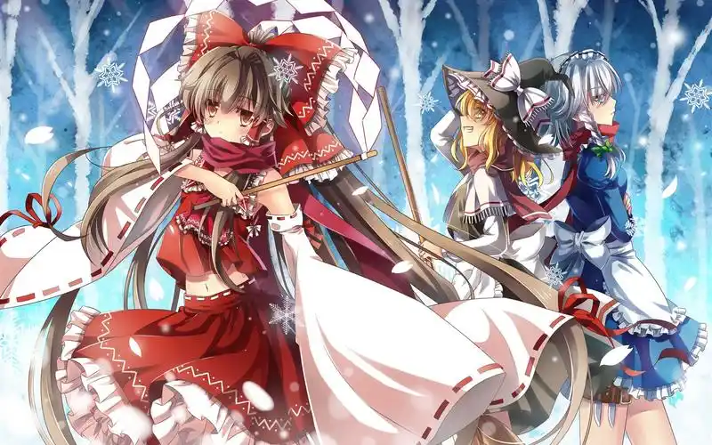 三个动漫女孩,树木,雪 iphone 壁纸