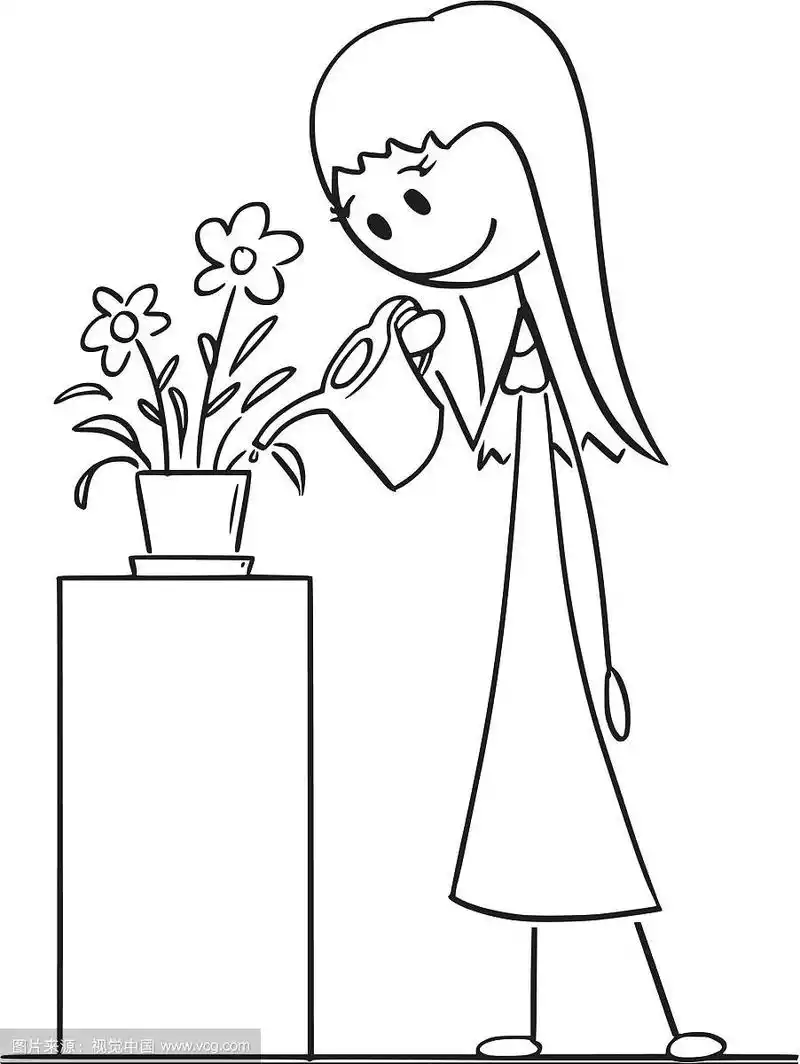 卡通画的女人浇植物在花盆或