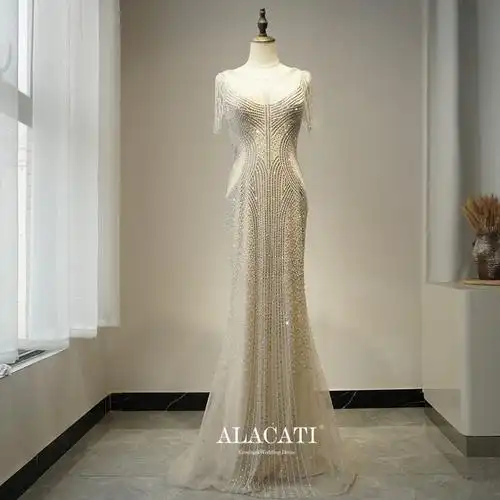 高端奢华长款显瘦晚礼服水晶重工主持演出出口礼服