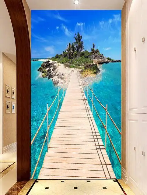过道竖版5d壁纸地中海风景过道玄关餐厅电视背景3d立体墙纸5d壁纸大型