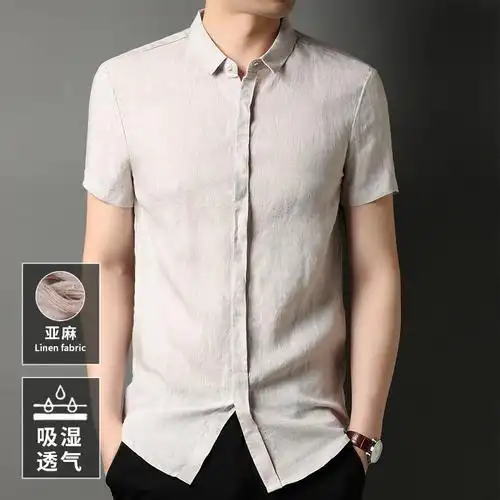100%亚麻短袖t恤男士衬衫纯色翻领夏季新款中国风潮流中青年衬衣