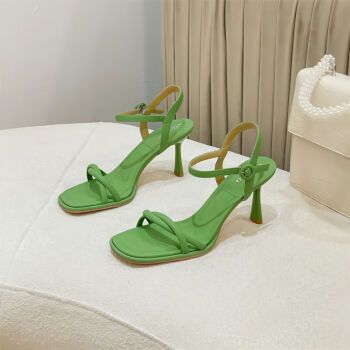 女士夏2023年宽脚细带露趾高跟鞋细跟网红浅绿色专柜版检测为真软皮35