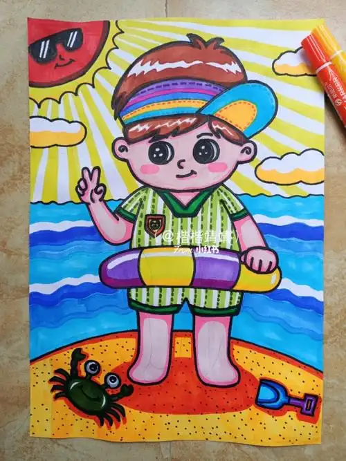 原创游泳的男孩马克笔画