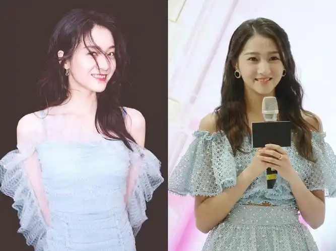 21岁张雪迎与关晓彤,同穿蓝纱裙,未修图不输精修图!