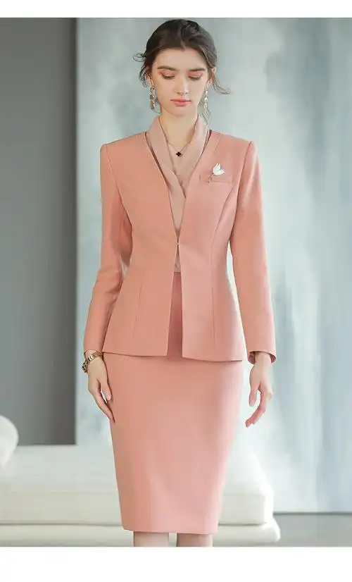 套装女播音员主持人商务会议接待工作服酒店前台工装职业装 粉色西装