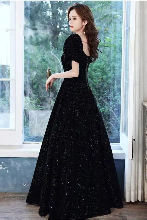 黑色晚礼服大码胖mm女2023新款气质丝绒长款年会主持声乐艺考礼服