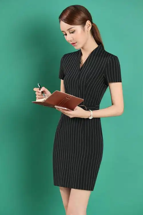 夏季职业装女装条纹连衣裙上班族售楼美容师工作服ol包臀裙女批发